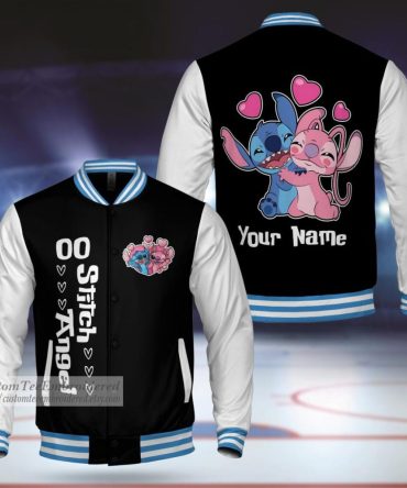 Custom Embroidered Stitch & Angel Varsity Jacket - Personalized Name, Unisex Gift