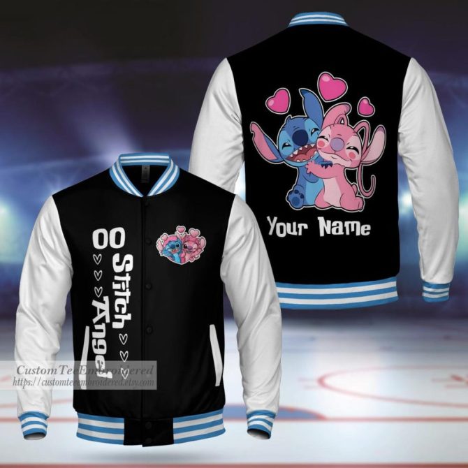 Custom Embroidered Stitch & Angel Varsity Jacket - Personalized Name, Unisex Gift