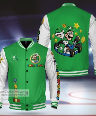 Custom Green Gaming Varsity Jacket - Personalized Name & Iconic Kart Design
