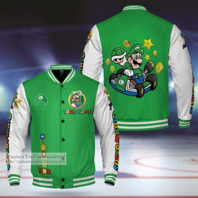 Custom Green Gaming Varsity Jacket - Personalized Name & Iconic Kart Design