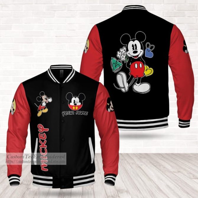 Custom Mickey Mouse Varsity Jacket - Personalized Name & Retro Design - Red/Black