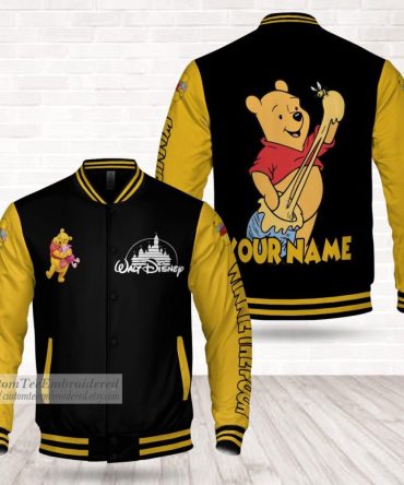 Custom Disney Winnie The Pooh Varsity Jacket - Personalized Name, Black & Yellow