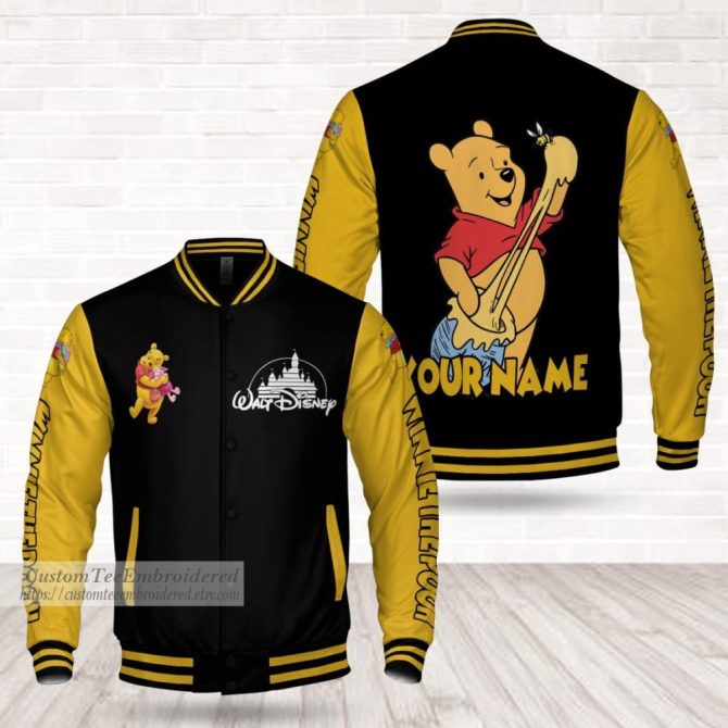 Custom Disney Winnie The Pooh Varsity Jacket - Personalized Name, Black & Yellow