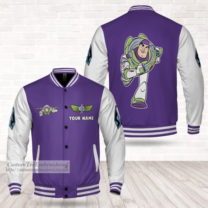 Customizable Purple Varsity Jacket With Embroidered Space Ranger Design - Add Your Name!
