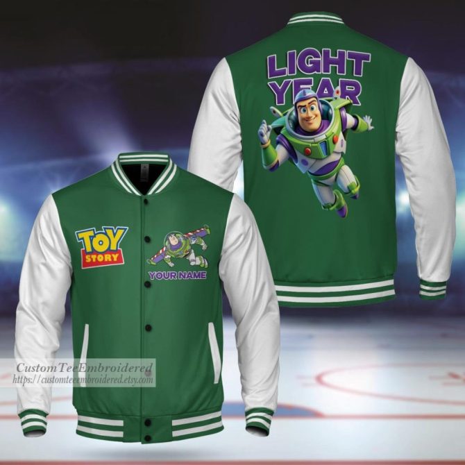 Custom Toy Story Buzz Lightyear Varsity Jacket - Personalized Name, Green & White