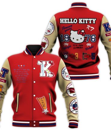 Vintage Hello Kitty Varsity Jacket - Retro Style, Bold Red & Beige Design, Limited Edition 1976 Graphic