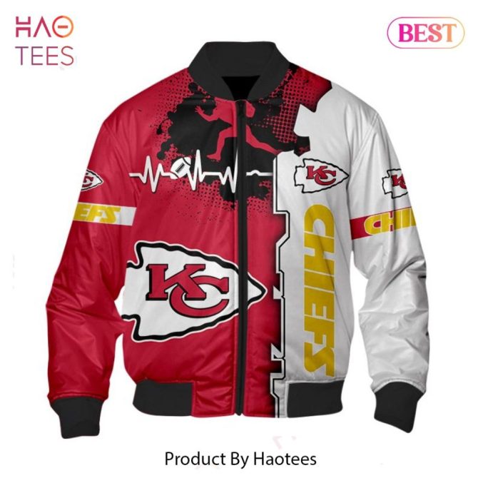 New Fashion   Kansas City Chiefs Bomber Jacket Graphic Heart Ecg Line