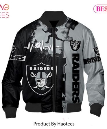New Fashion   Las Vegas Raiders Bomber Jacket Graphic Heart Ecg Line