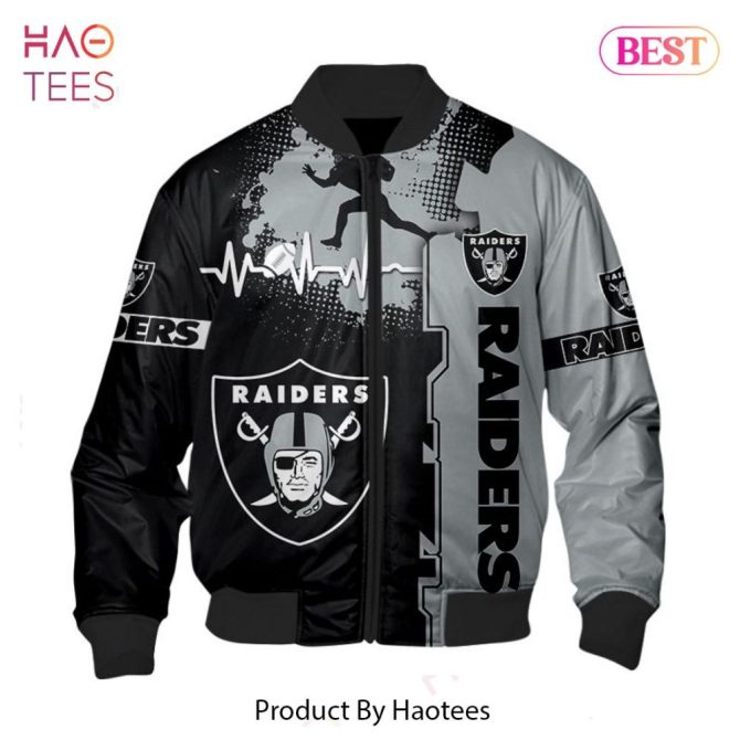 New Fashion   Las Vegas Raiders Bomber Jacket Graphic Heart Ecg Line