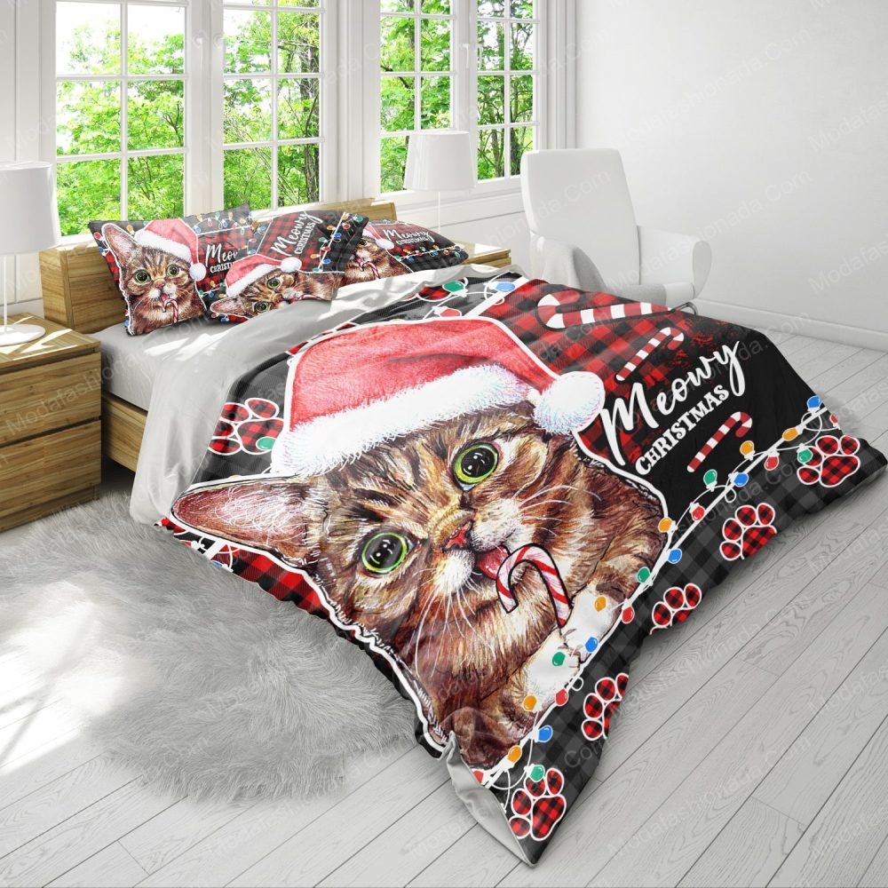 Festive Cat Christmas Bedding Set – Cute Holiday Decor With Santa Hat & Candy Cane - Image 4