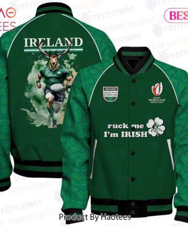 Ireland Rugby Jacket - World Cup 2023 - Green Bomber With Deer Graphic & Irish Pride Text