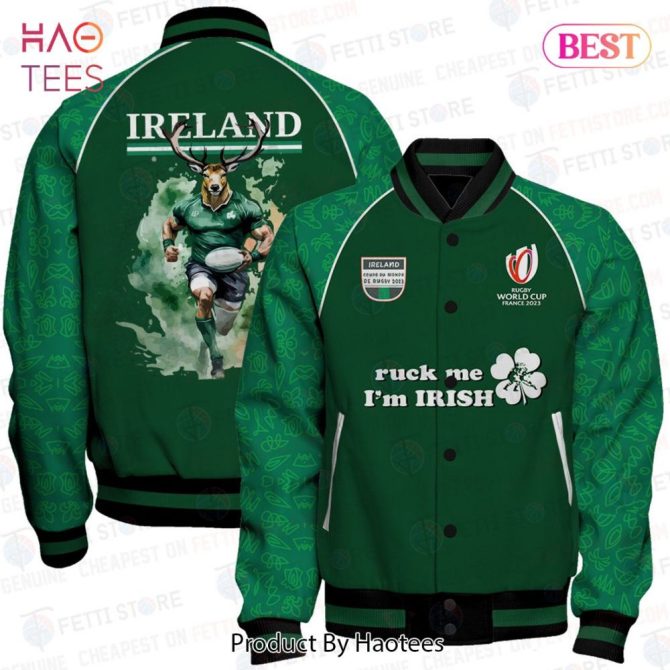 Ireland Rugby Jacket - World Cup 2023 - Green Bomber With Deer Graphic & Irish Pride Text