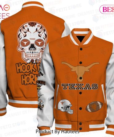 Texas Longhorns Varsity Jacket - Hook 'Em Horns Orange Skull Design, Unisex Sportswear