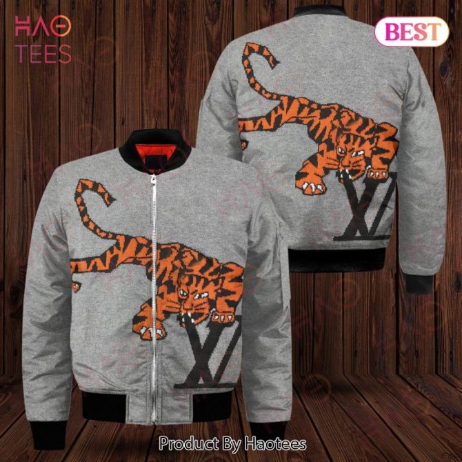 Stylish Grey Bomber Jacket With Bold Tiger Design - Unisex Fashion Outerwear