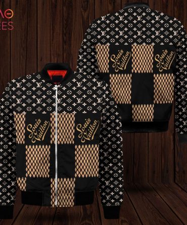 New Louis Vuitton Luxury Brand Square Pattern Stylish Designer-Inspired Bomber Jacket - Trendy Black & Gold Pattern