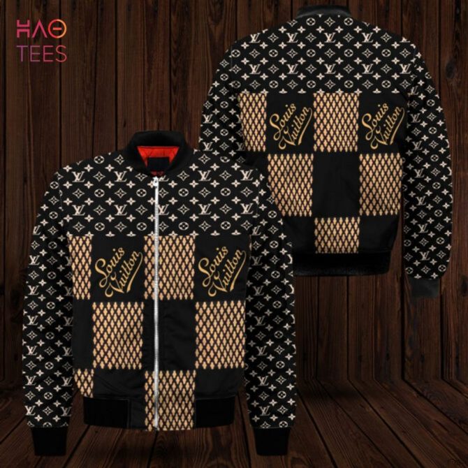 New Louis Vuitton Luxury Brand Square Pattern Stylish Designer-Inspired Bomber Jacket - Trendy Black & Gold Pattern - Image 2