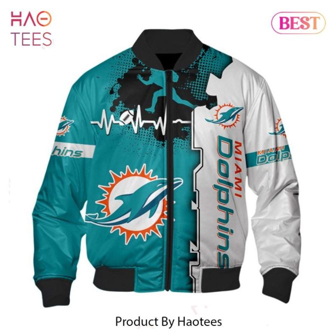 New Fashion   Miami Dolphins Bomber Jacket Graphic Heart Ecg Line