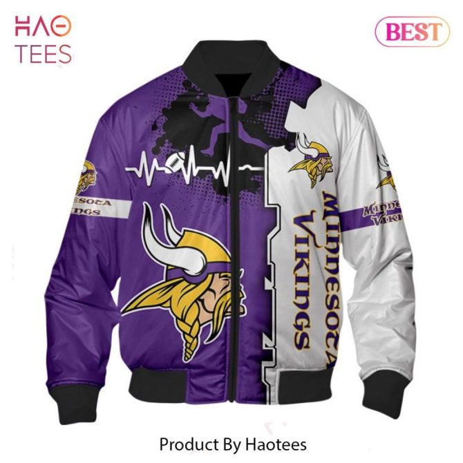 New Fashion   Minnesota Vikings Bomber Jacket Graphic Heart Ecg Line