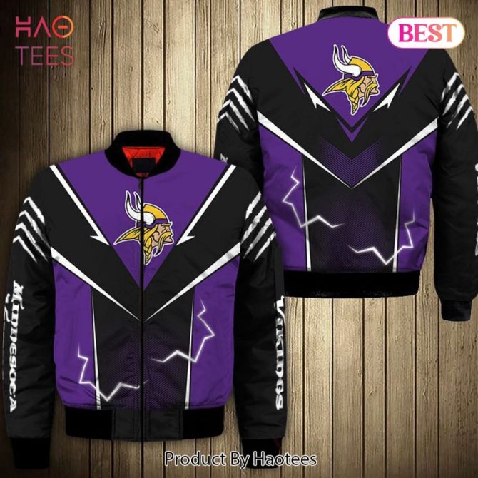 New Fashion   Minnesota Vikings Bomber Jacket Lightning Graphic Gift For Men