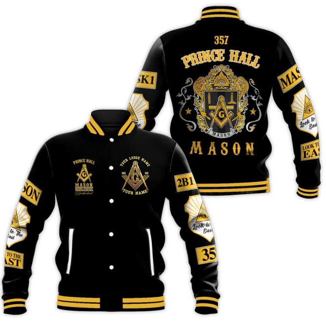Prince Hall Masonic Jacket - Customizable Freemason Varsity Style - Black & Gold Design
