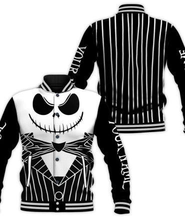 Customizable Skeleton Face Varsity Jacket - Striped Gothic Style With Personalized Sleeves