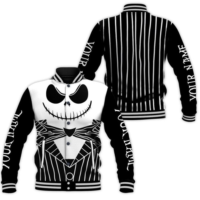 Customizable Skeleton Face Varsity Jacket - Striped Gothic Style With Personalized Sleeves