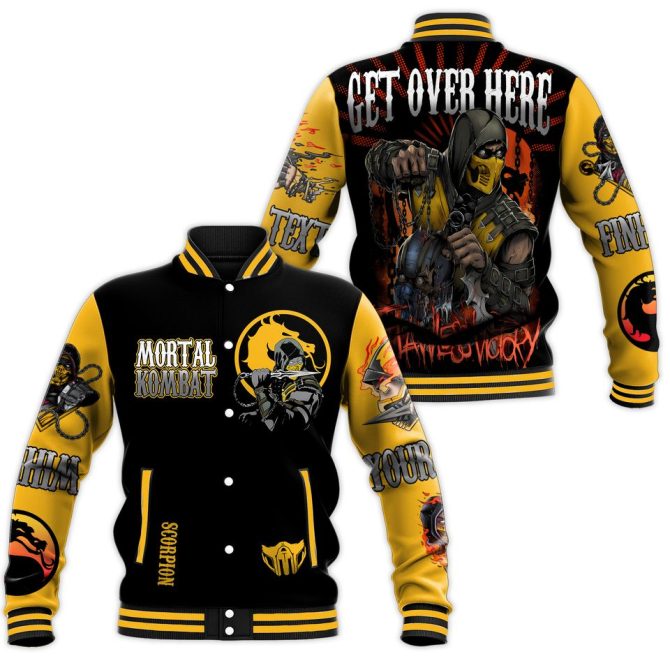 Mortal Kombat Scorpion Varsity Jacket - Iconic Get Over Here Design, Limited Edition