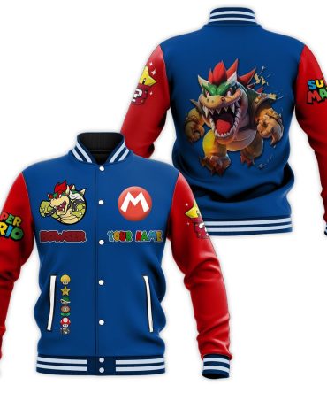Custom Super Mario Varsity Jacket – Bowser Design, Personalized Name, Blue & Red