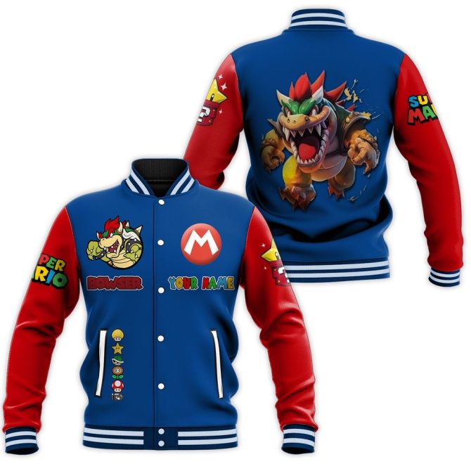 Custom Super Mario Varsity Jacket – Bowser Design, Personalized Name, Blue & Red