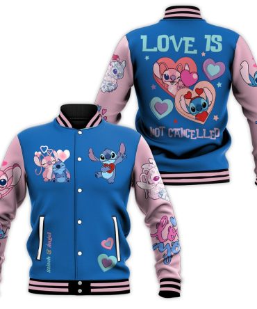 Love Is Not Cancelled Stitch & Angel Varsity Jacket – Cute Blue & Pink Design