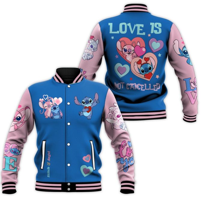 Love Is Not Cancelled Stitch & Angel Varsity Jacket – Cute Blue & Pink Design