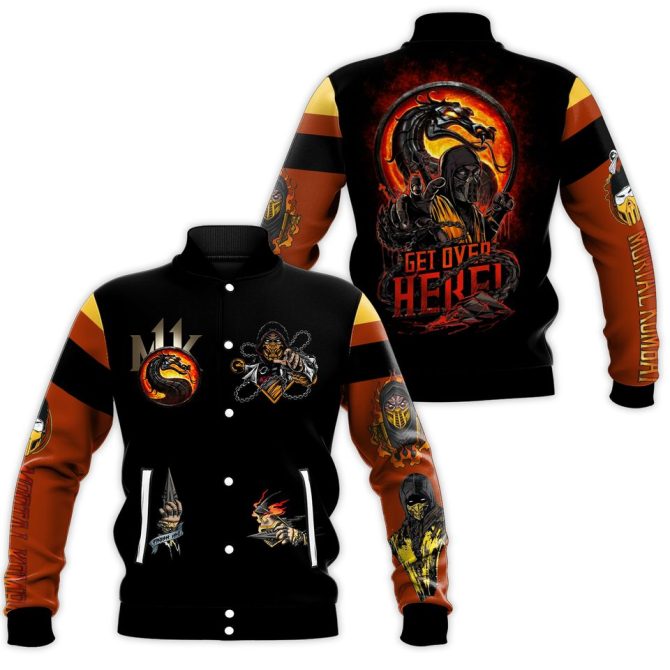 Get Over Here! Mortal Kombat Varsity Jacket - Scorpion Design, Bold Colors, Perfect For Fans