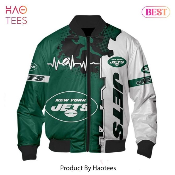 New Fashion   New York Jets Bomber Jacket Graphic Heart Ecg Line