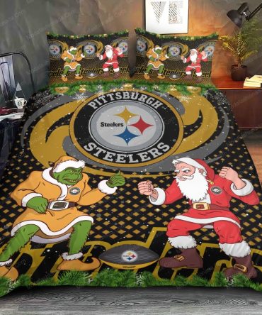 Pittsburgh Steelers Christmas Bedding Set - Grinch & Santa Design, Cozy Holiday Decor