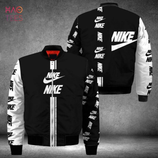 Stylish Black & White Nike Logo Bomber Jacket - Unisex Fashion Outerwear For Trendsetters - Image 2