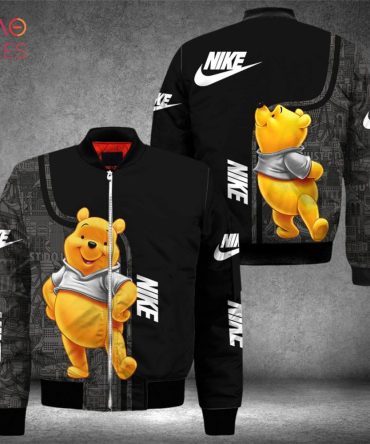 Stylish Black Nike Bomber Jacket With Cute Bear Design - Trendy Unisex Outerwear