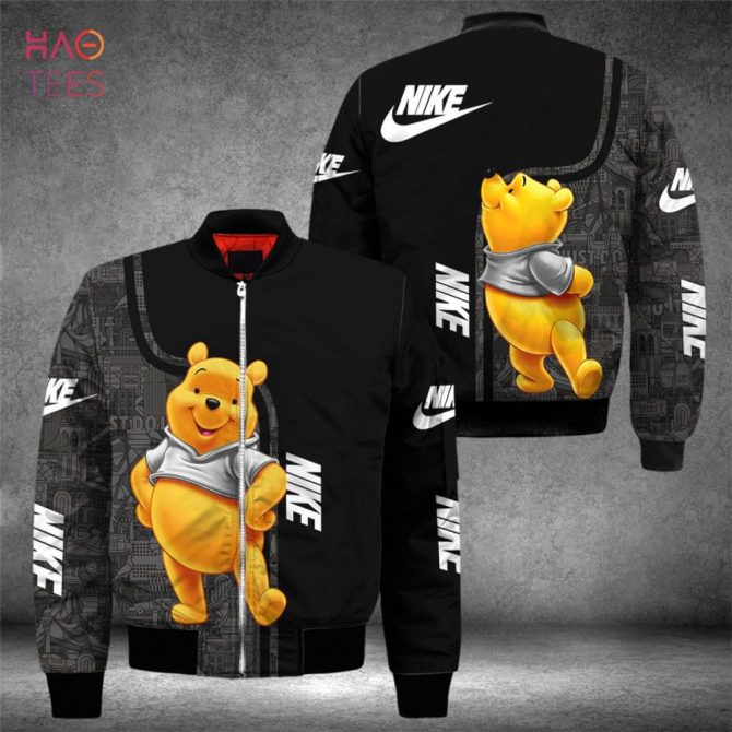 Stylish Black Nike Bomber Jacket With Cute Bear Design - Trendy Unisex Outerwear