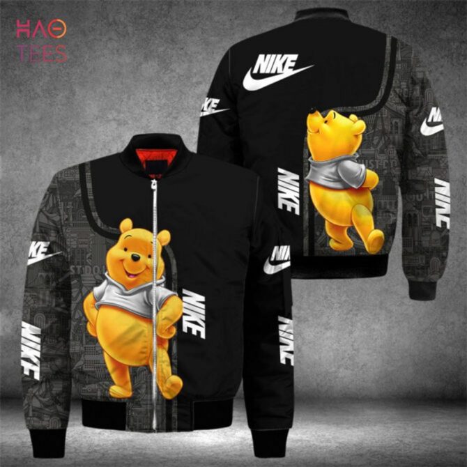 Stylish Black Nike Bomber Jacket With Cute Bear Design - Trendy Unisex Outerwear - Image 2
