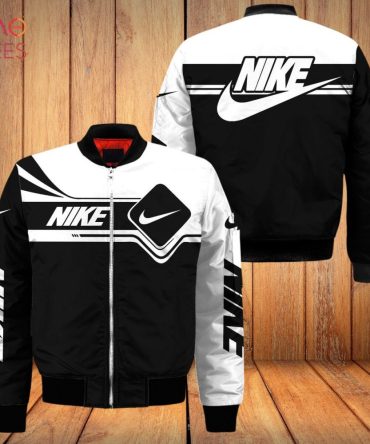 Stylish Black & White Nike Bomber Jacket – Trendy Athletic Wear For All Seasons