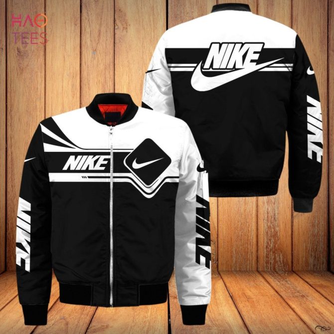 Stylish Black & White Nike Bomber Jacket – Trendy Athletic Wear For All Seasons