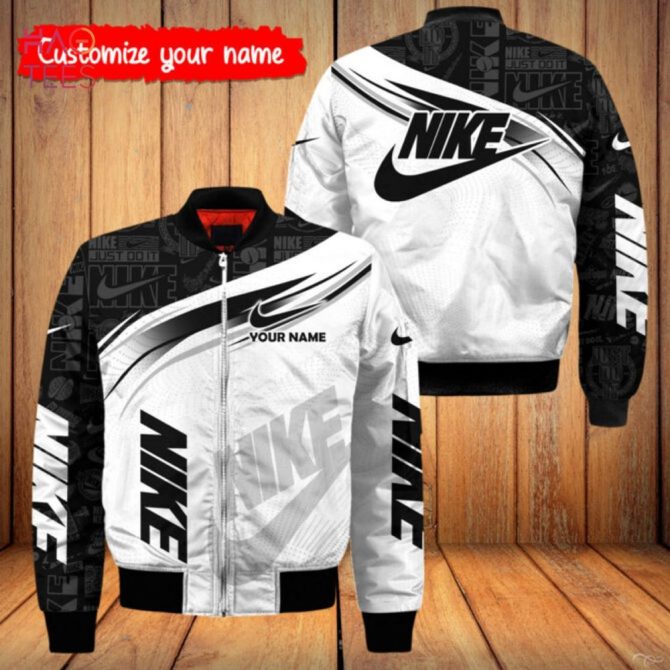 The Best Nike Black White Printing Logo Bomber Jacket Pod Design - Image 2