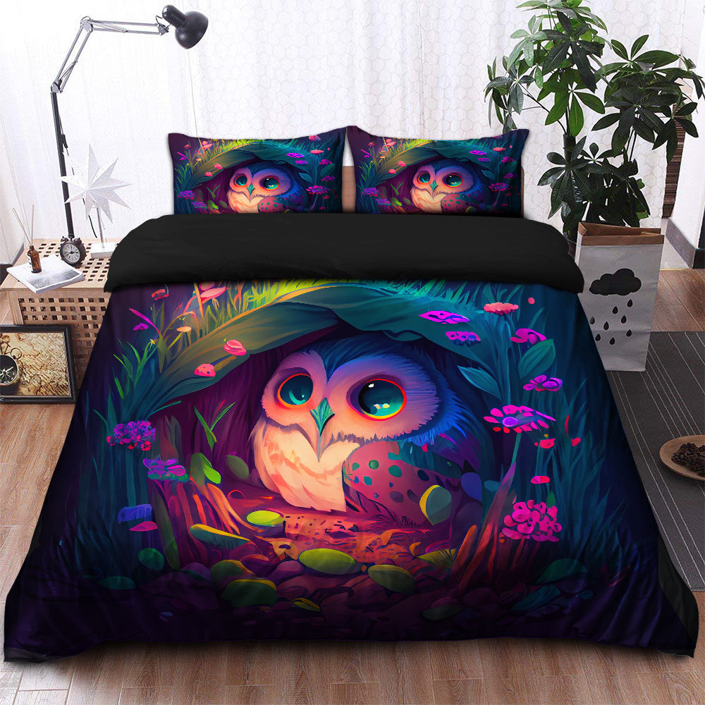 Owl Bedded Down In The Grass Safe And Cozy Fireflies Bedding Set Duvet Cover And 2 Pillowcases - Image 2