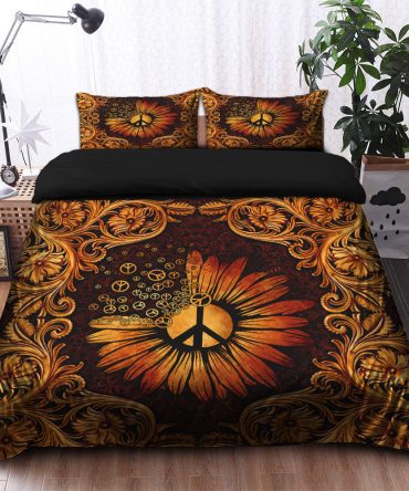 Peace Sign Sunflower Hippie Bedding Set Duvet Cover And 2 Pillowcases