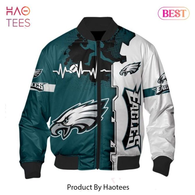New Fashion   Philadelphia Eagles Bomber Jacket Graphic Heart Ecg Line