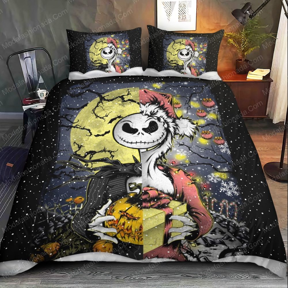 Spooky Holiday Bedding Set - Moonlit Skeleton Design With Pumpkins & Stars - Image 2