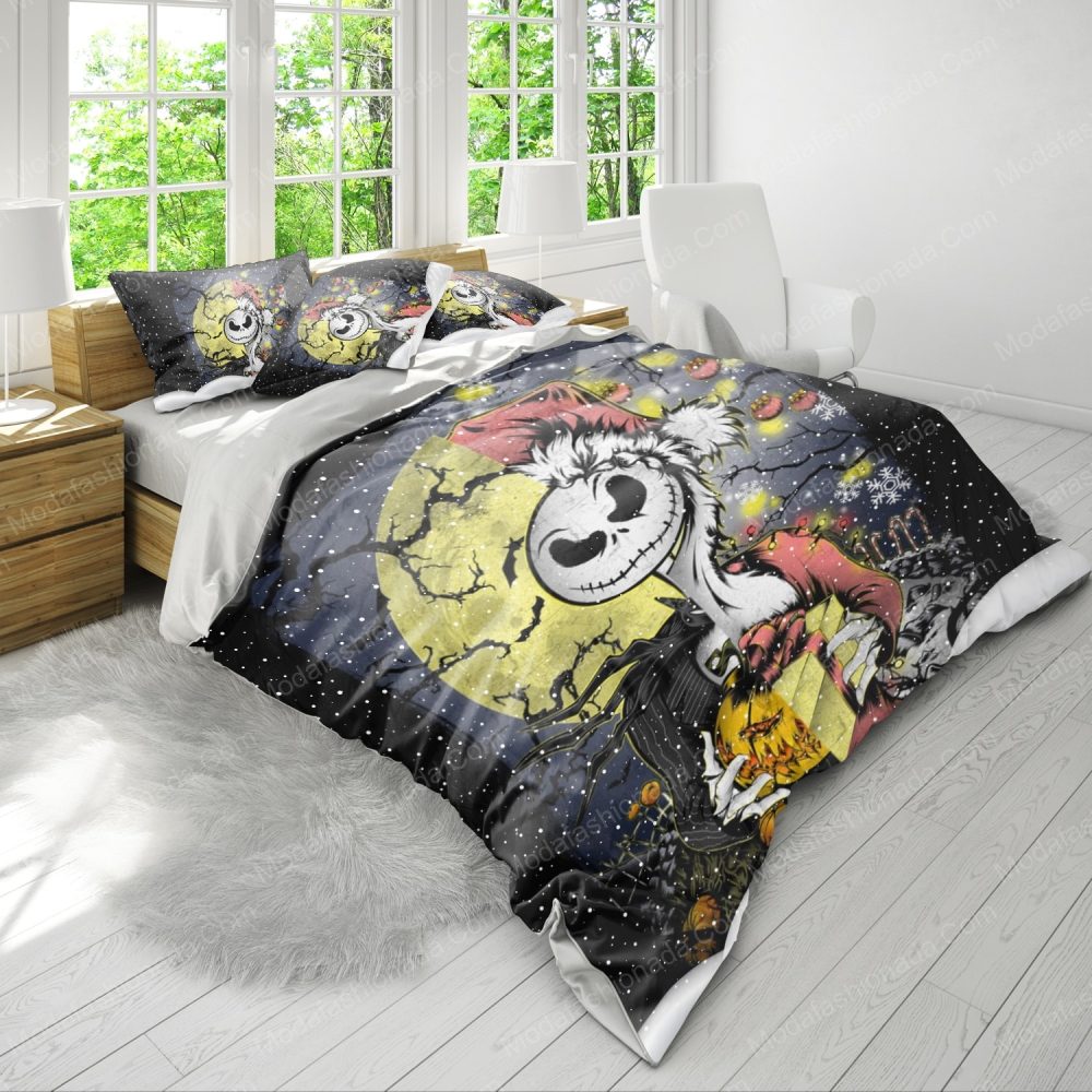 Spooky Holiday Bedding Set - Moonlit Skeleton Design With Pumpkins & Stars - Image 4