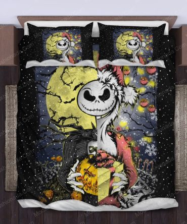 Spooky Holiday Bedding Set - Moonlit Skeleton Design With Pumpkins & Stars