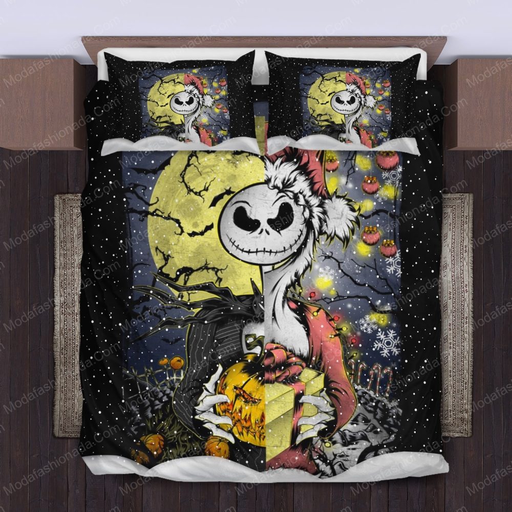 Spooky Holiday Bedding Set - Moonlit Skeleton Design With Pumpkins & Stars