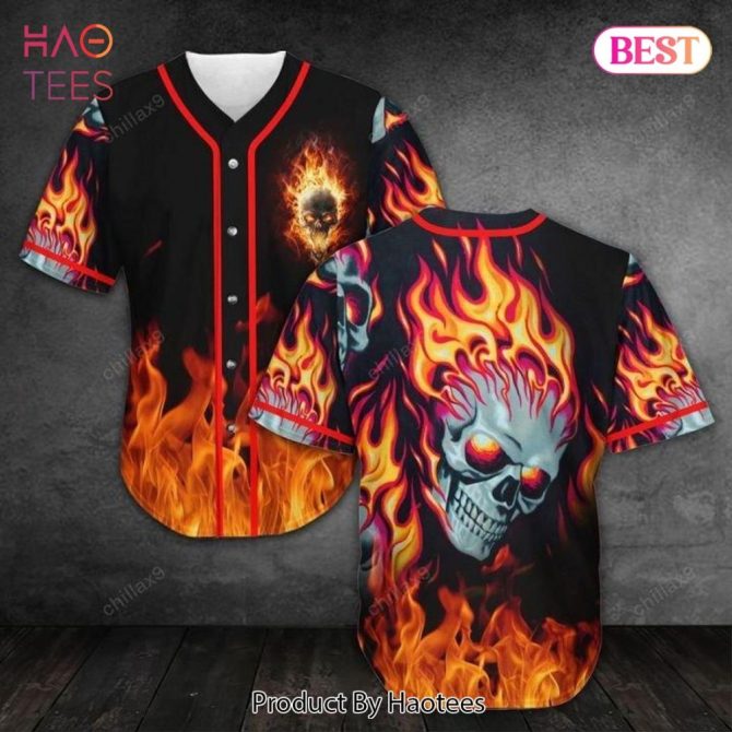 Flaming Skull Baseball Jersey - Bold Fire Graphic Shirt For Men & Women