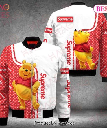 Stylish Cartoon Bear Bomber Jacket - Trendy Red Supreme Print, Unisex Casual Wear, Perfect Gift!